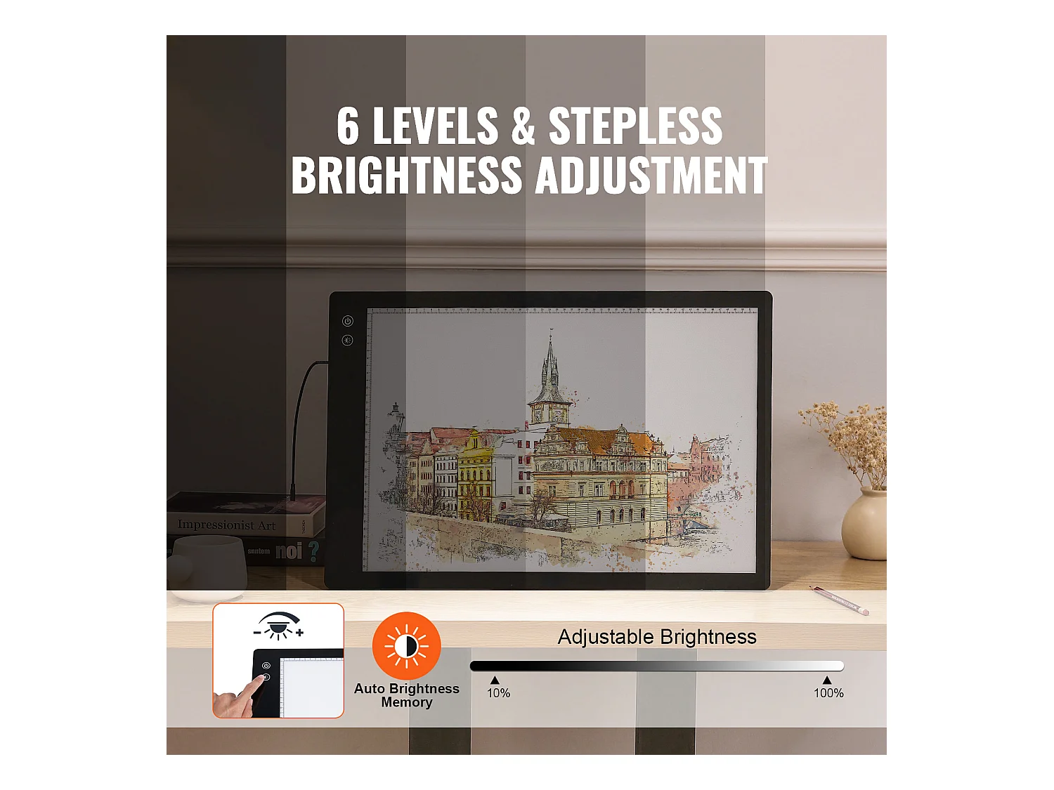 Panneau Lumineux LED Rechargeable SucceBuy A2 à Intensité Variable à 6 Niveaux, Noir