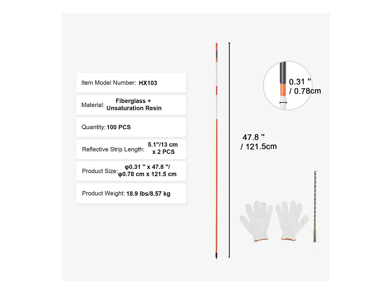 Einfahrtsmarkierungen SucceBuy Satz von 100 von 122cm mit Glasfaser-Pfosten Orange von 0.8cm