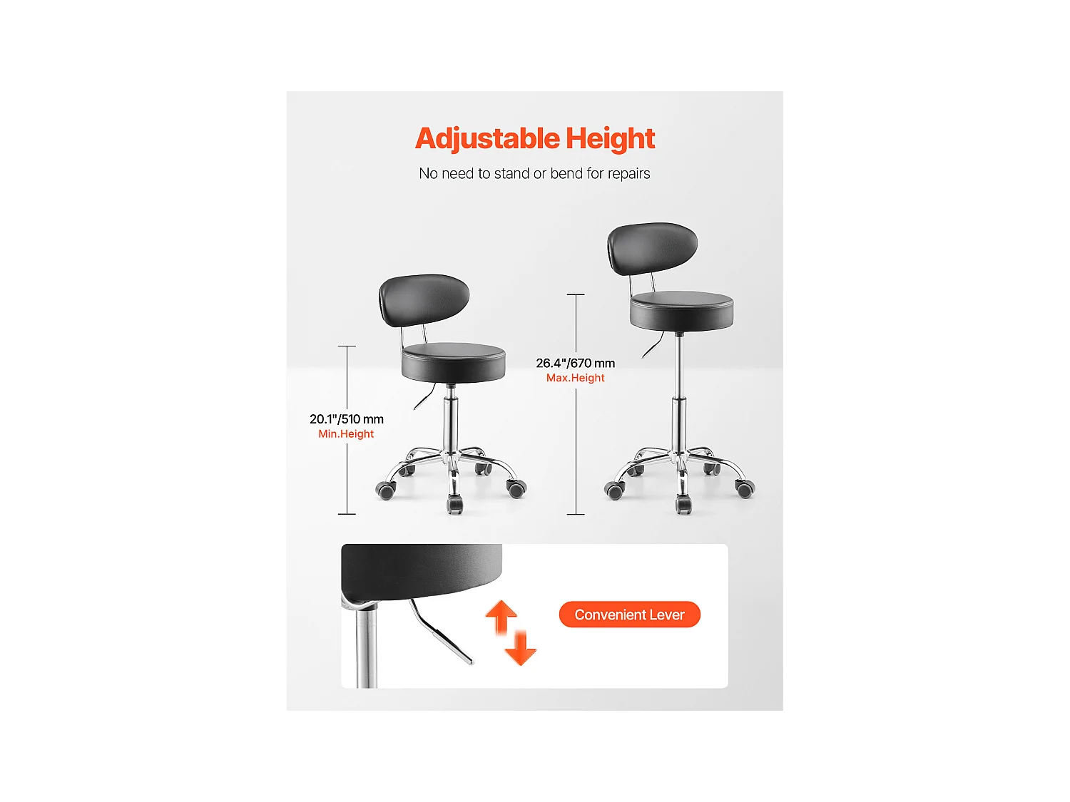 Tabouret d'Atelier SucceBuy, sur Roulettes Hauteur Réglable Charge 136 kg avec Dossier