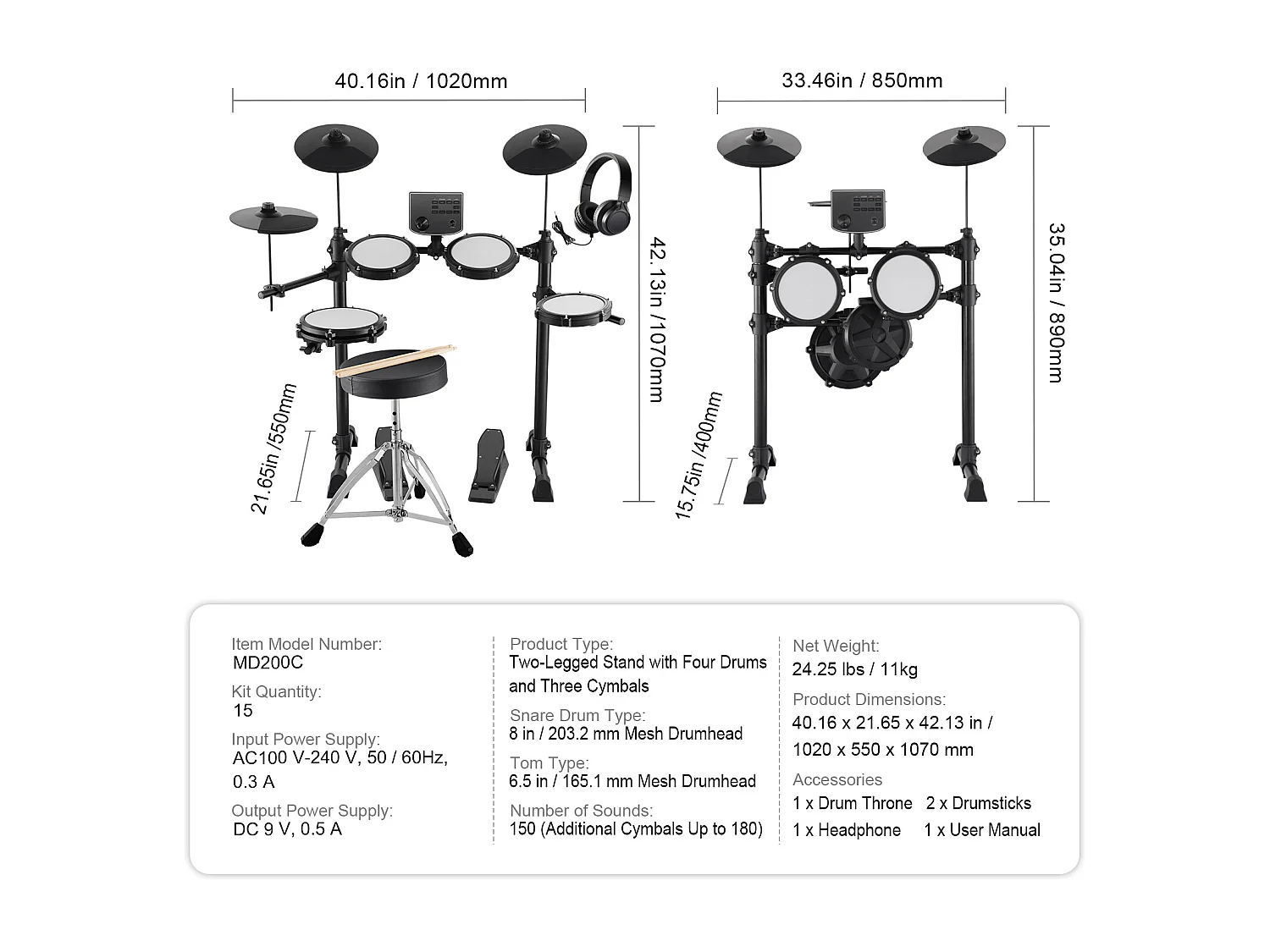 Batteria Elettrica SucceBuy, 15 Kit e 150 Suoni, Kit Elettronico per Principianti e Adulti, Bacchette e Cuffie, per Principianti e Adulti