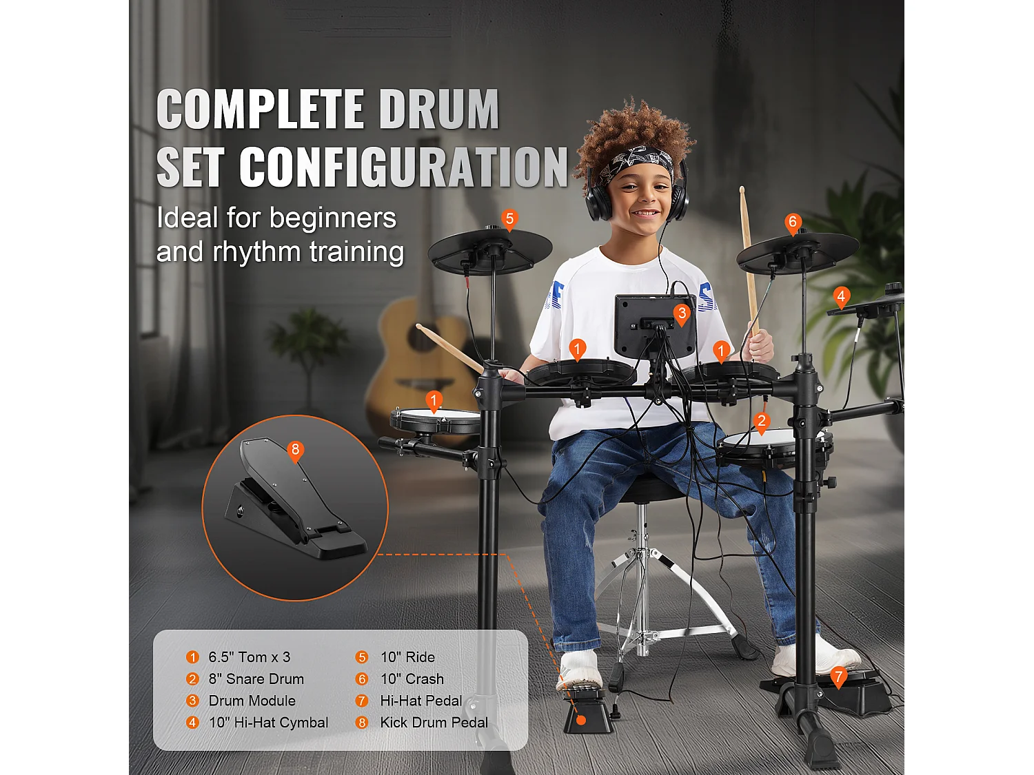 Batteria Elettrica SucceBuy, 15 Kit e 150 Suoni, Kit Elettronico per Principianti e Adulti, Bacchette e Cuffie, per Principianti e Adulti