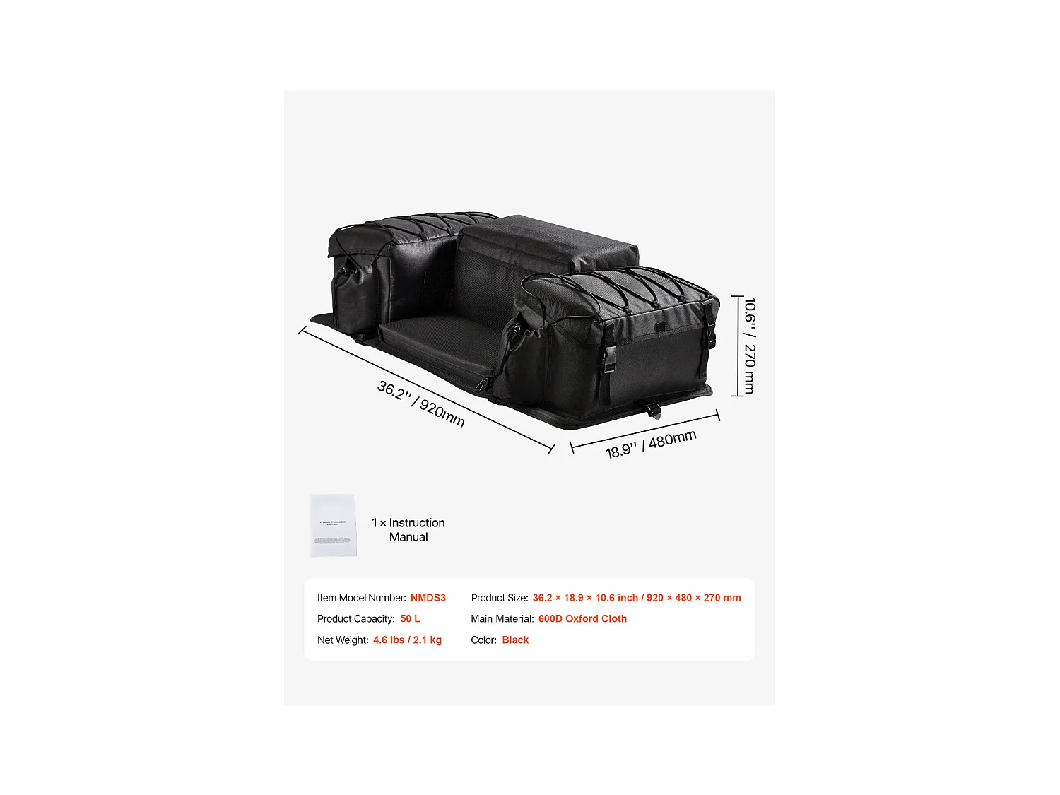 Sac de Rangement Arrière SucceBuy Sac de Rangement Arrière 50 L pour VTT en Tissu Oxford 600D Avec Rembourrage