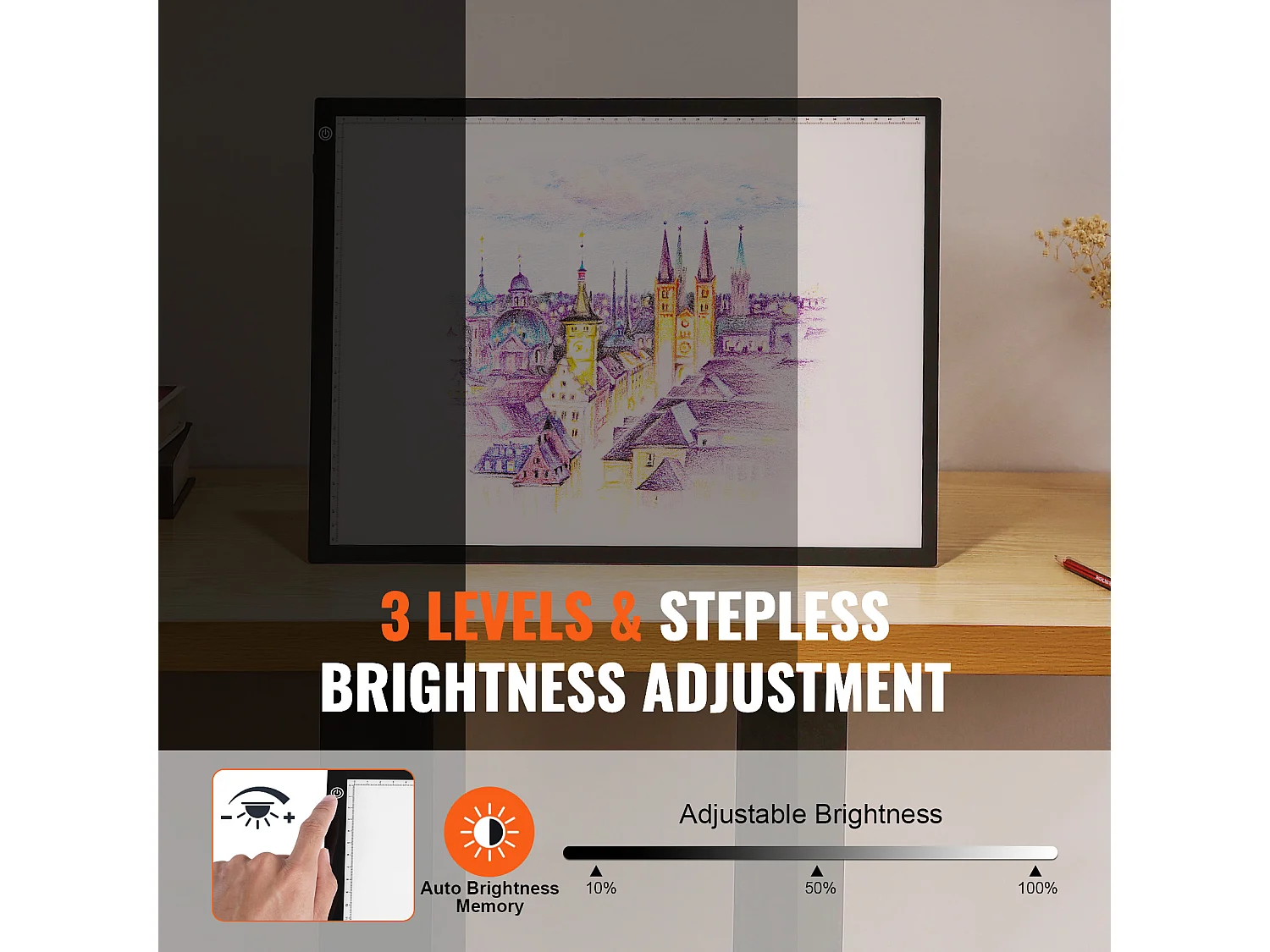 LED-Leuchtpaneel SucceBuy A3, USB-Betrieben, Variable Helligkeit in 3 Stufen für Pausen