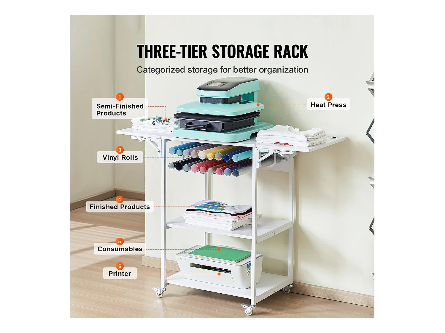 Table de Presse à Chaud SucceBuy Table de Presse à Chaud à 3 Niveaux, Mobile et Pliable, Avec Roulettes, Blanche