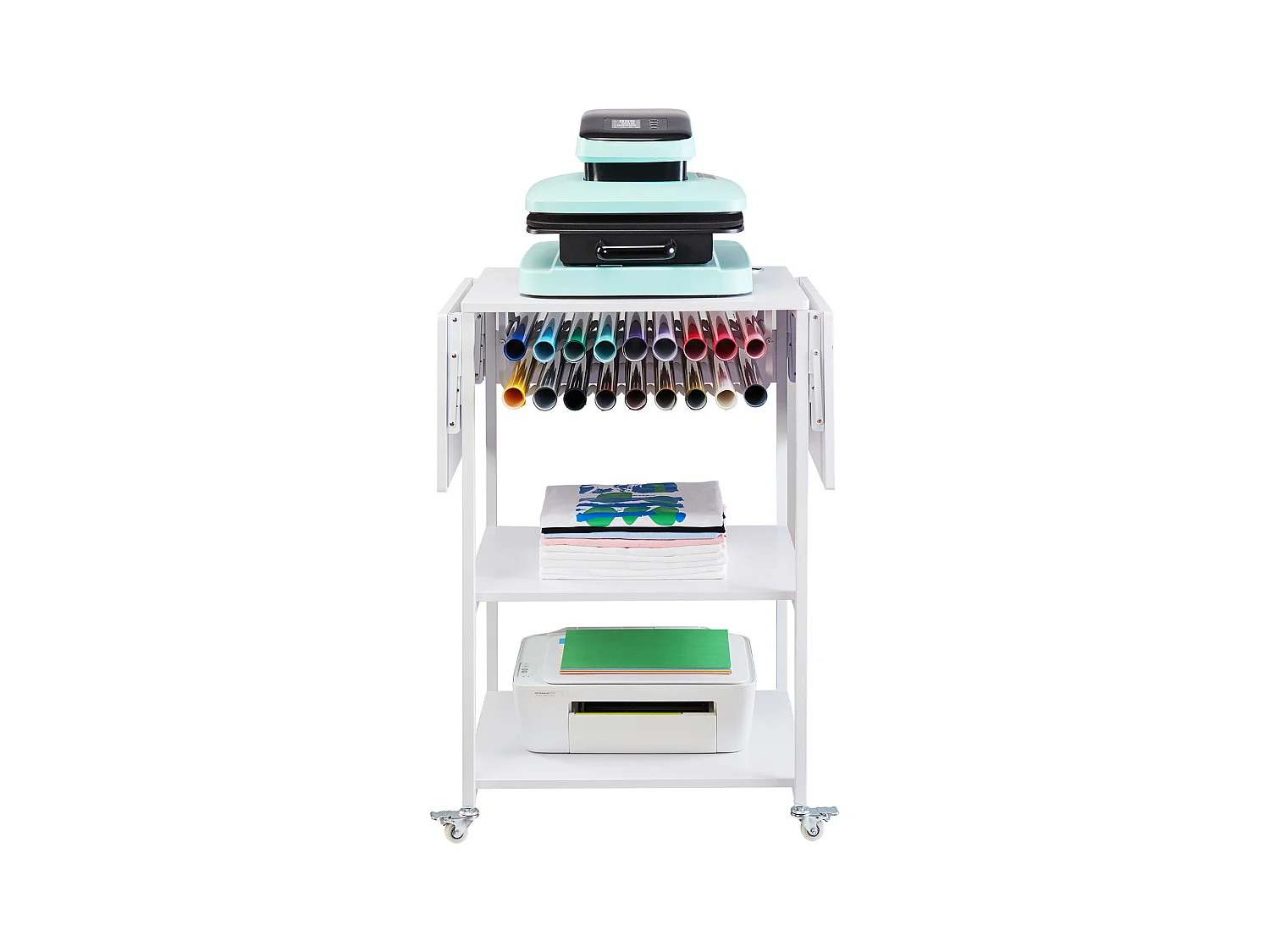 Table de Presse à Chaud SucceBuy Table de Presse à Chaud à 3 Niveaux, Mobile et Pliable, Avec Roulettes, Blanche