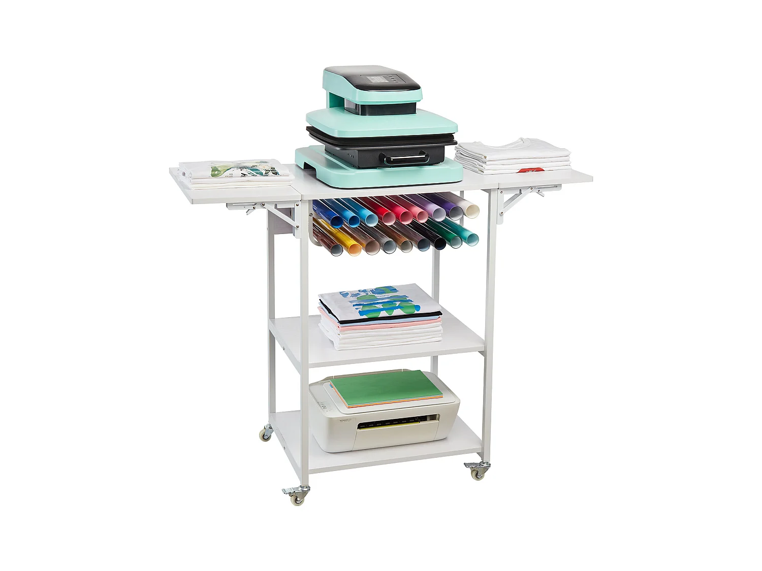 Table de Presse à Chaud SucceBuy Table de Presse à Chaud à 3 Niveaux, Mobile et Pliable, Avec Roulettes, Blanche
