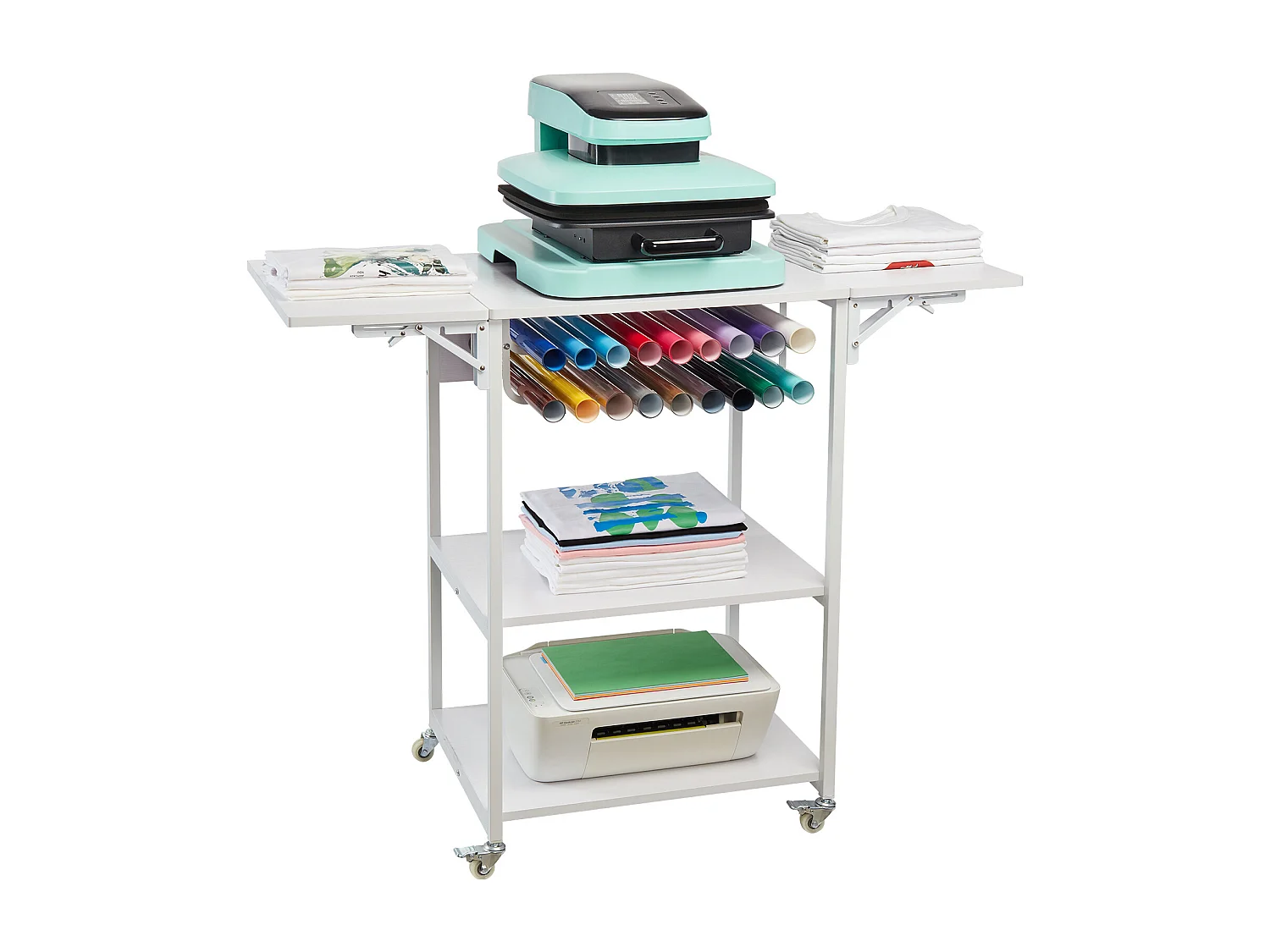 Table de Presse à Chaud SucceBuy Table de Presse à Chaud à 3 Niveaux, Mobile et Pliable, Avec Roulettes, Blanche