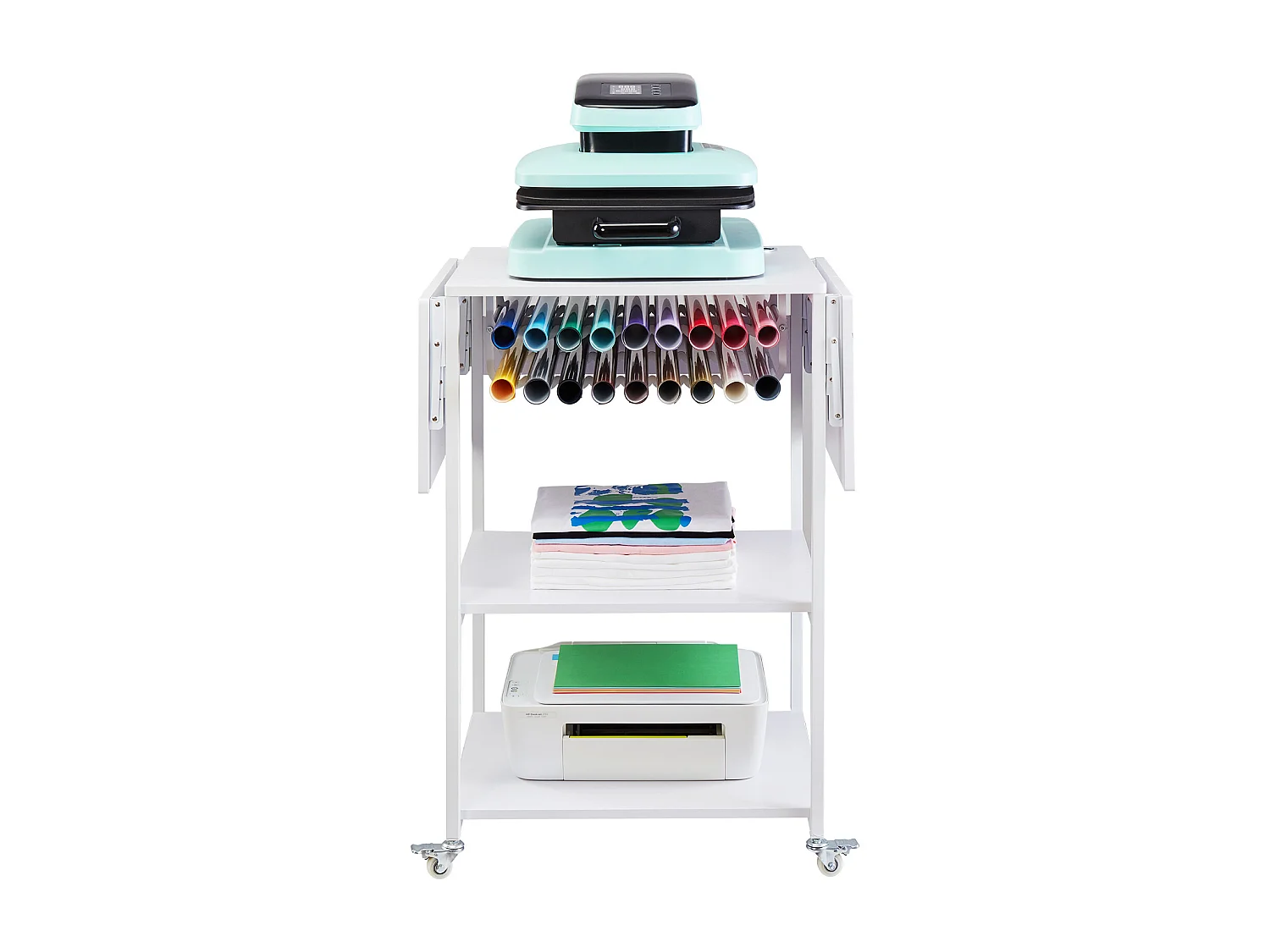 Table de Presse à Chaud SucceBuy Table de Presse à Chaud à 3 Niveaux, Mobile et Pliable, Avec Roulettes, Blanche