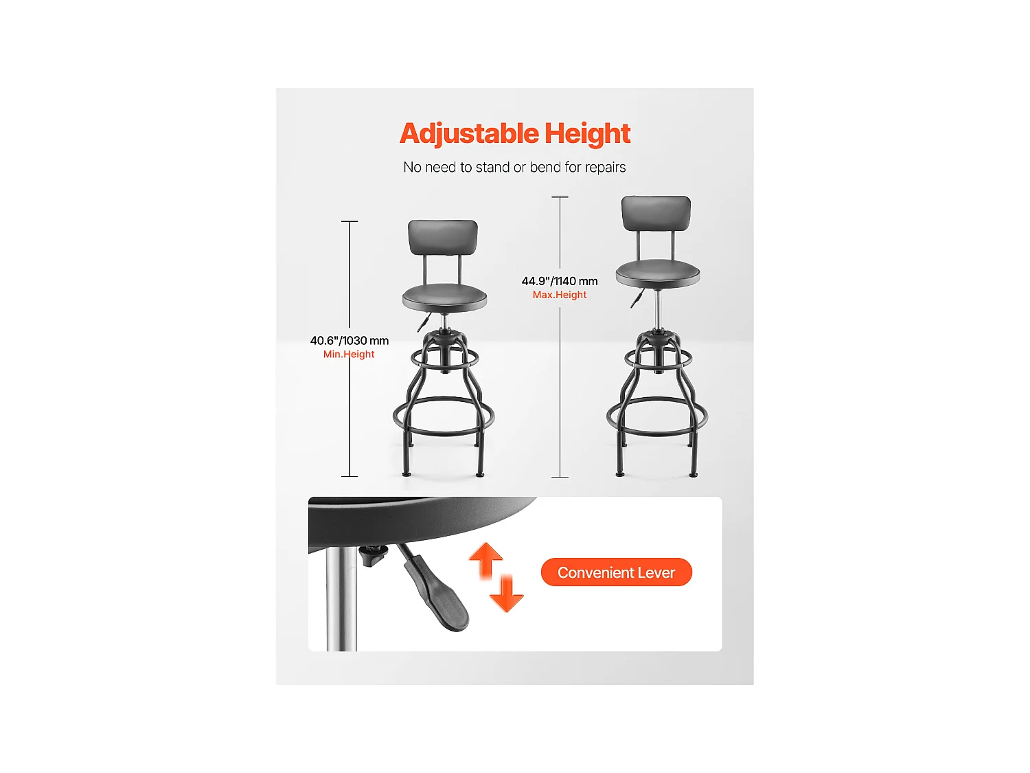 Tabouret d'Atelier SucceBuy, sur Roulettes Hauteur Réglable Charge 136 kg avec Dossier