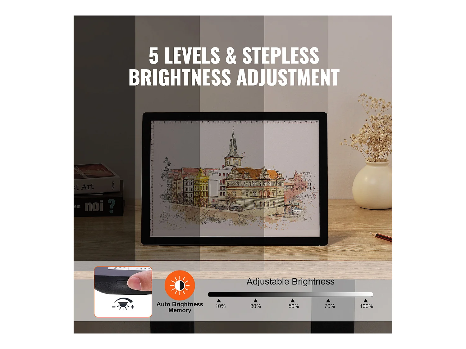 Panneau Lumineux LED SucceBuy A4 Rechargeable à Intensité Variable sur 5 Niveaux, Noir