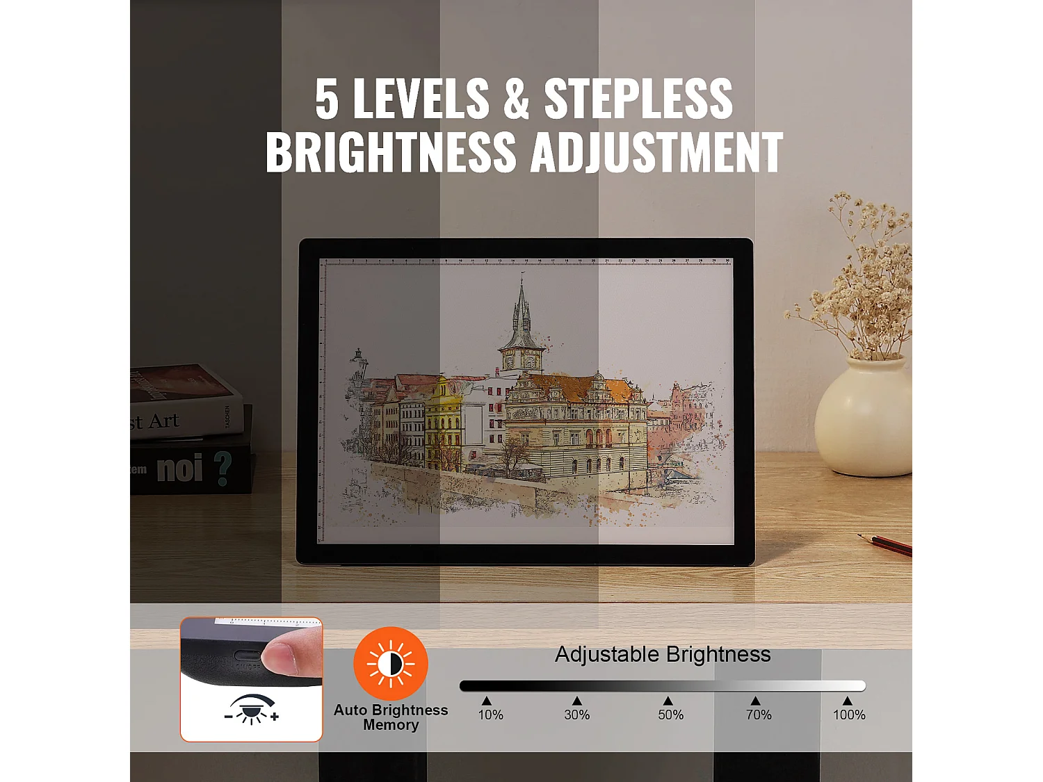 Panneau Lumineux LED SucceBuy A4 Rechargeable à Intensité Variable sur 5 Niveaux, Noir