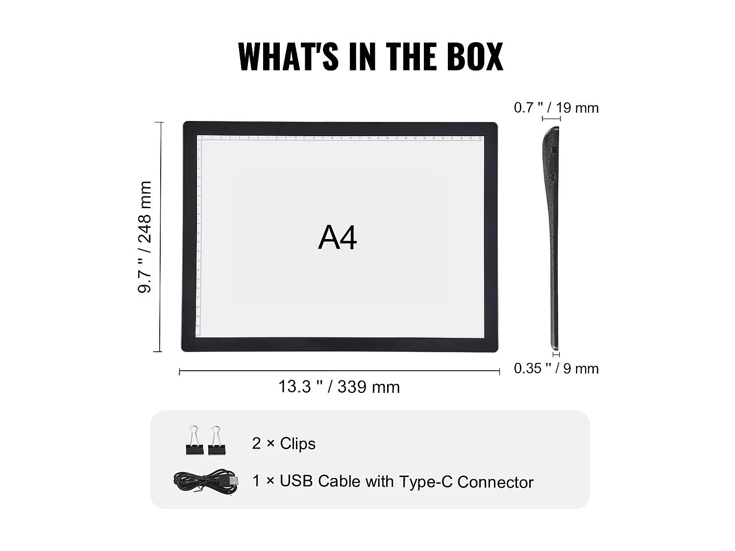 Panneau Lumineux LED SucceBuy A4 Rechargeable à Intensité Variable sur 5 Niveaux, Noir