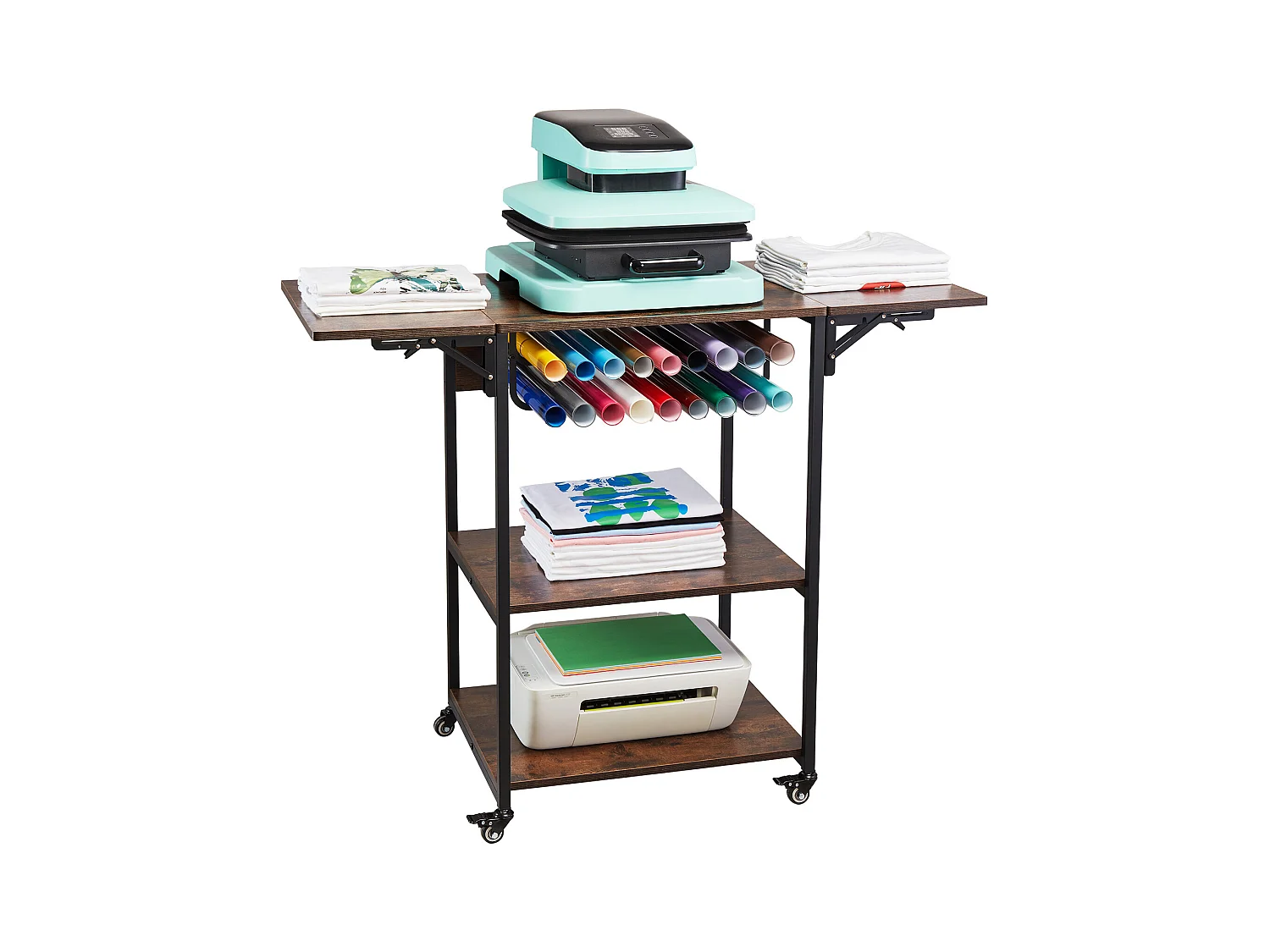 Hitteperstafel SucceBuy 3-Laags Mobiele Hitteperstafel, Opvouwbaar met Wielen, Bruin