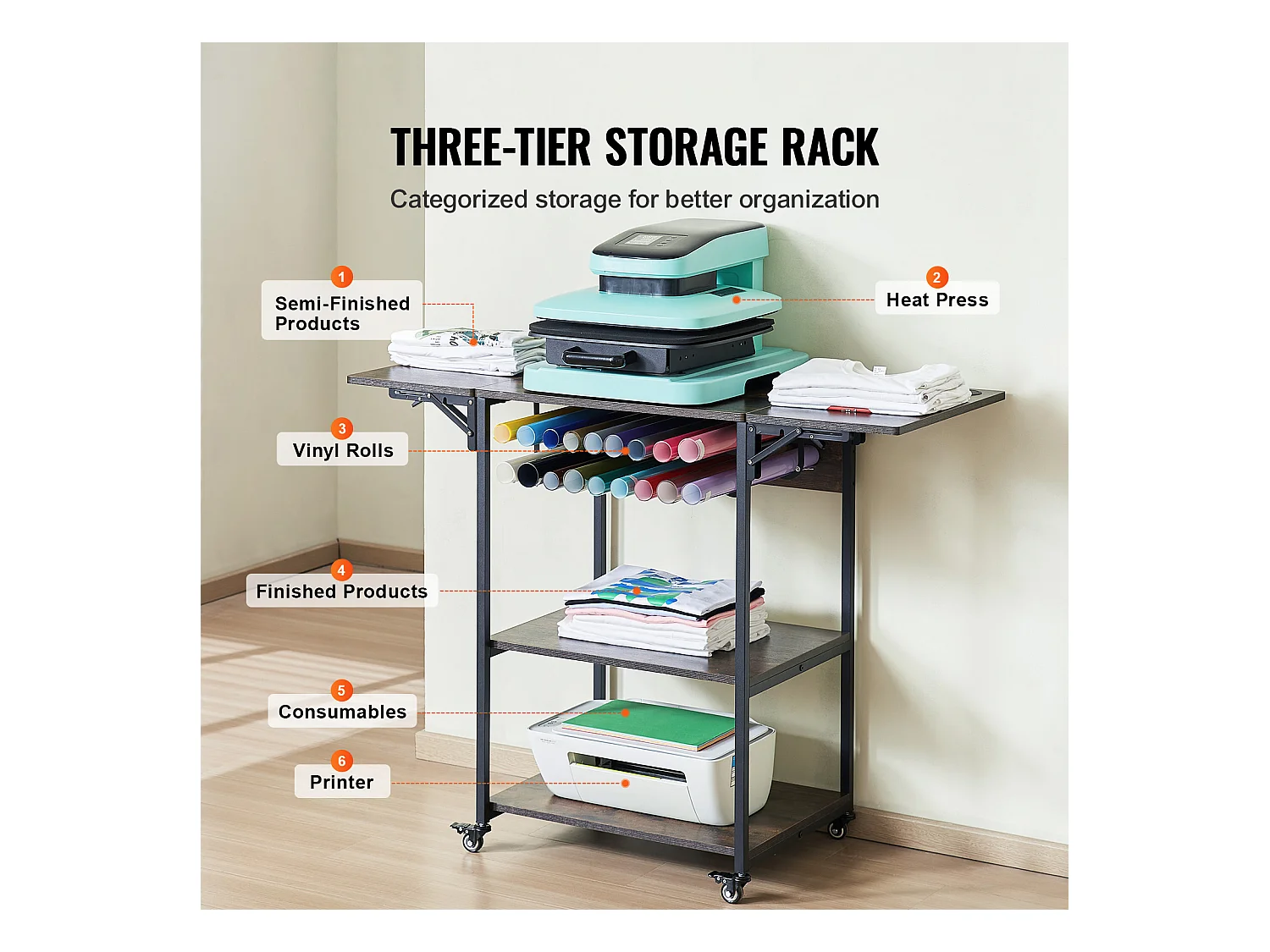 Hitteperstafel SucceBuy 3-Laags Mobiele Hitteperstafel, Opvouwbaar met Wielen, Bruin