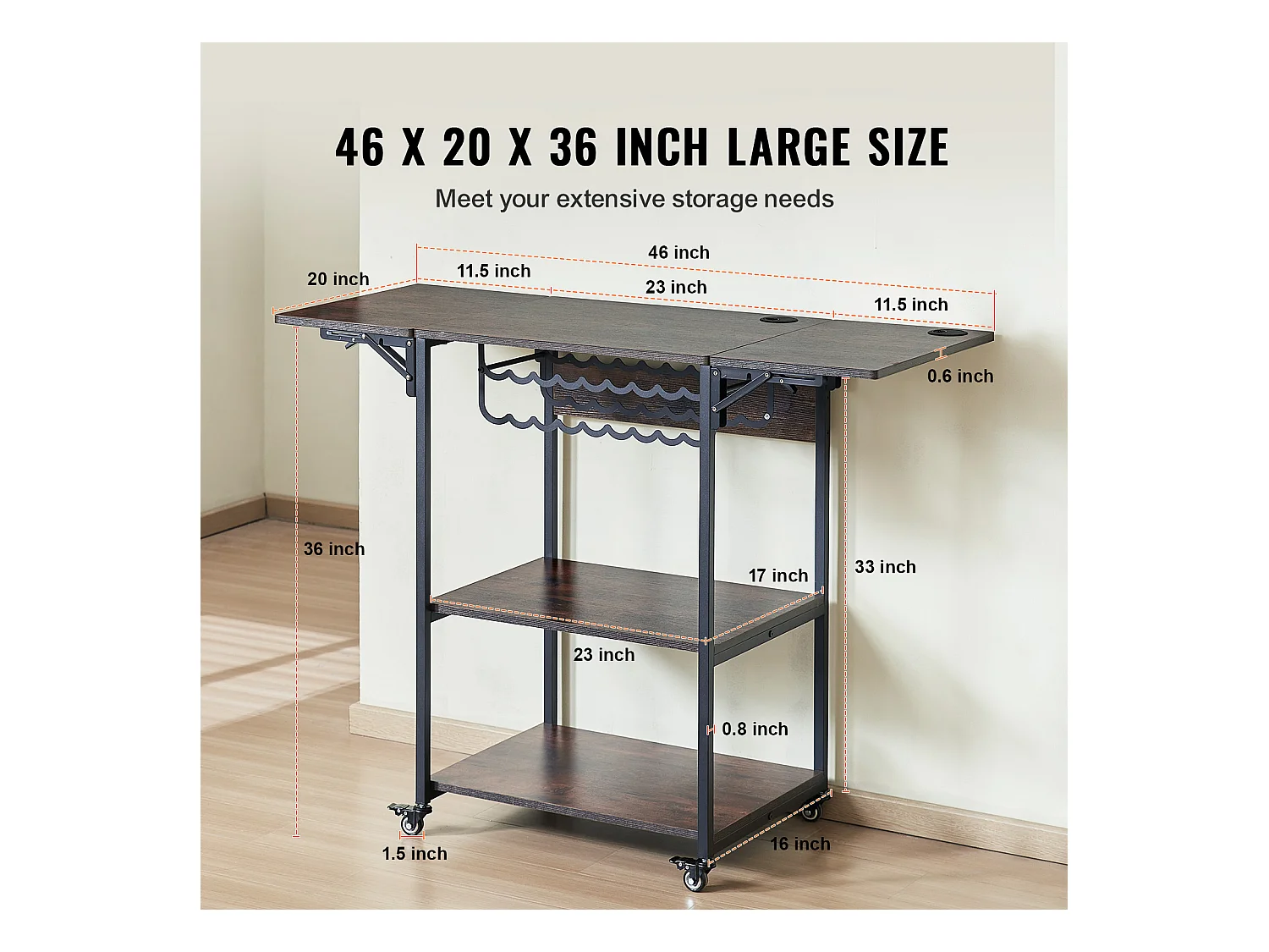 Hitteperstafel SucceBuy 3-Laags Mobiele Hitteperstafel, Opvouwbaar met Wielen, Bruin