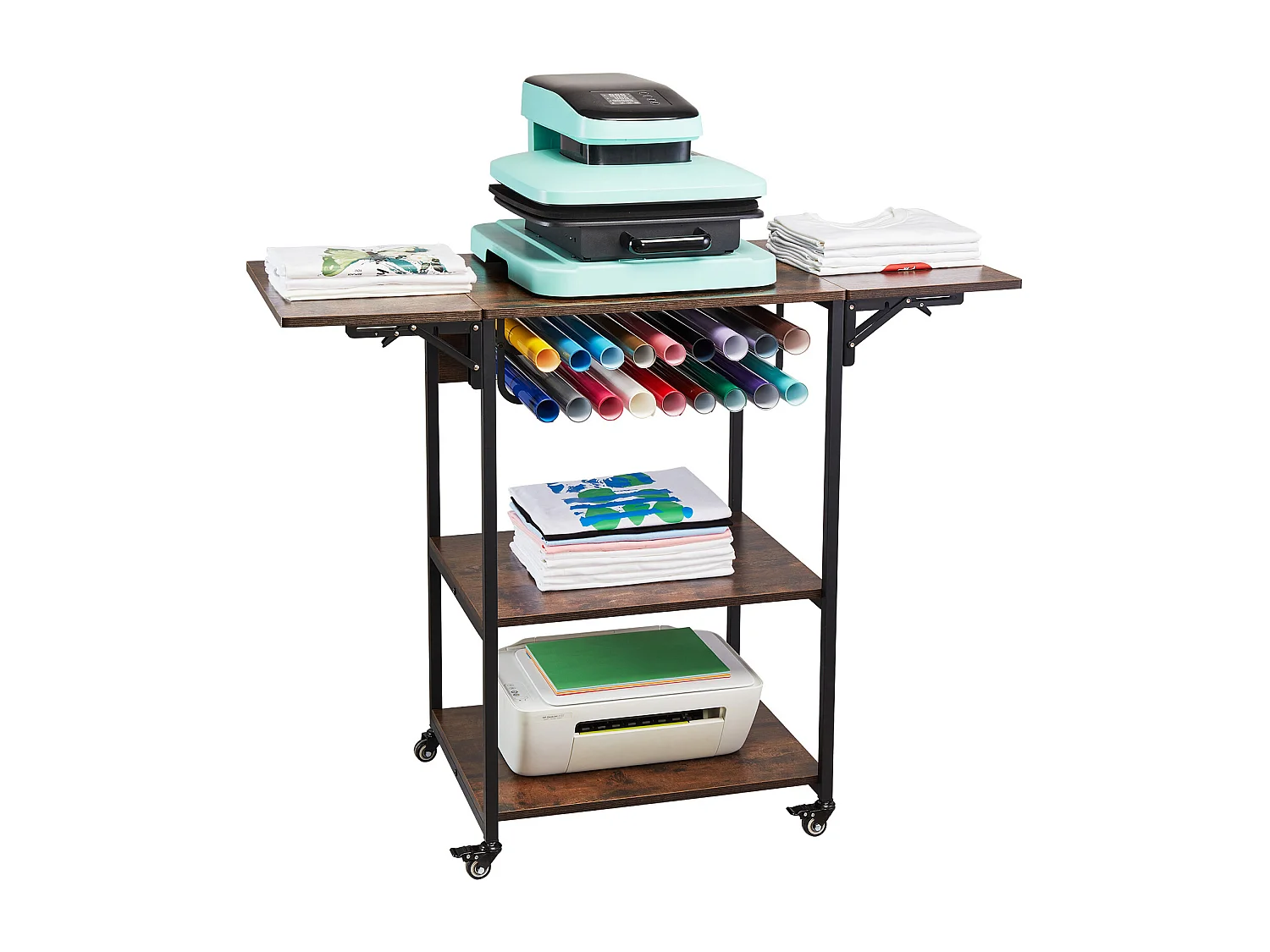 Table de Presse à Chaud SucceBuy Table de Presse à Chaud Mobile à 3 Niveaux Pliable Avec Roulettes, Marron