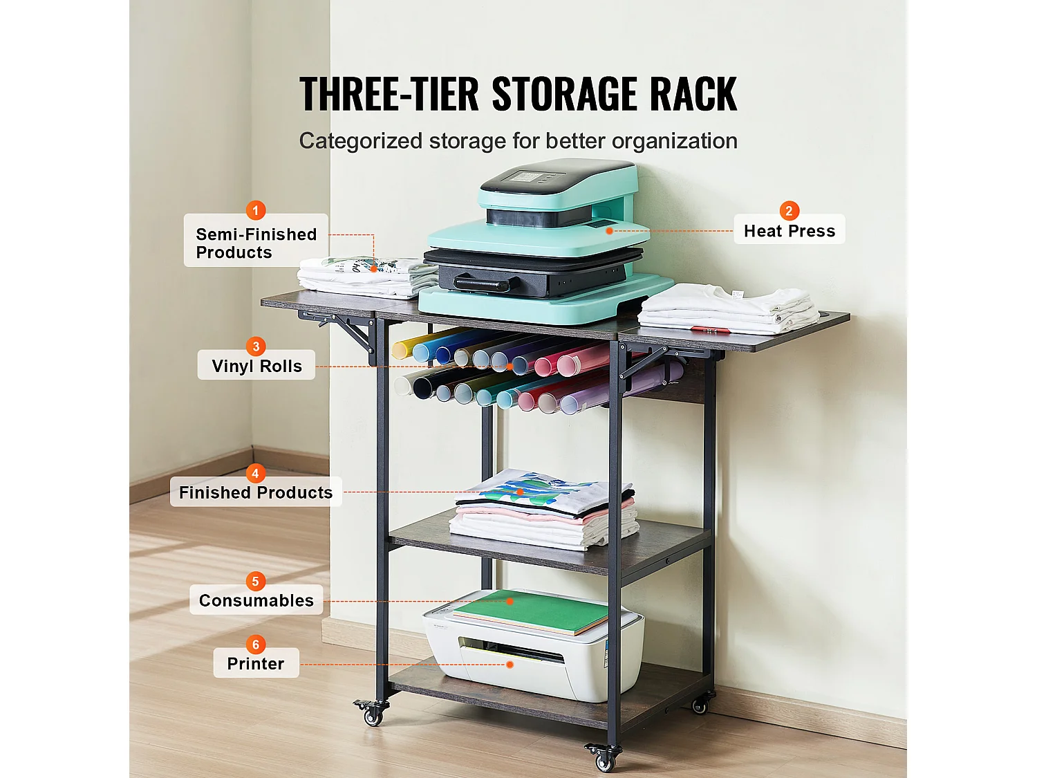Table de Presse à Chaud SucceBuy Table de Presse à Chaud Mobile à 3 Niveaux Pliable Avec Roulettes, Marron