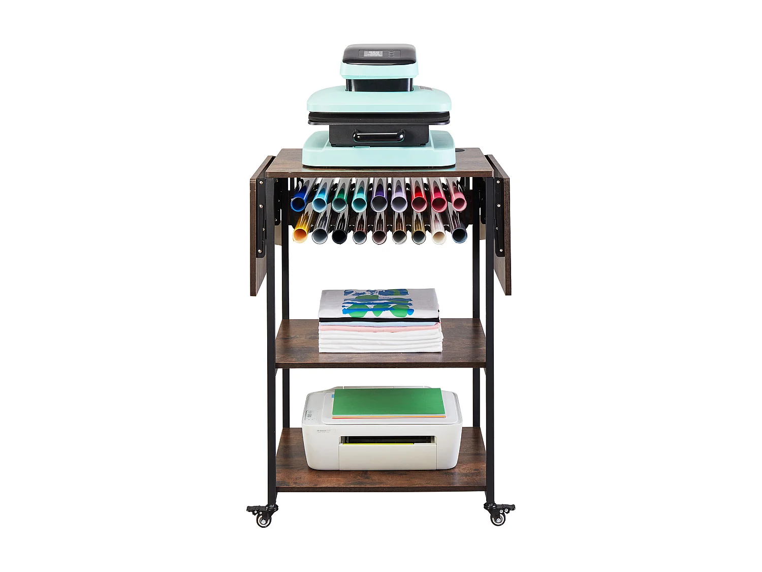 Table de Presse à Chaud SucceBuy Table de Presse à Chaud Mobile à 3 Niveaux Pliable Avec Roulettes, Marron