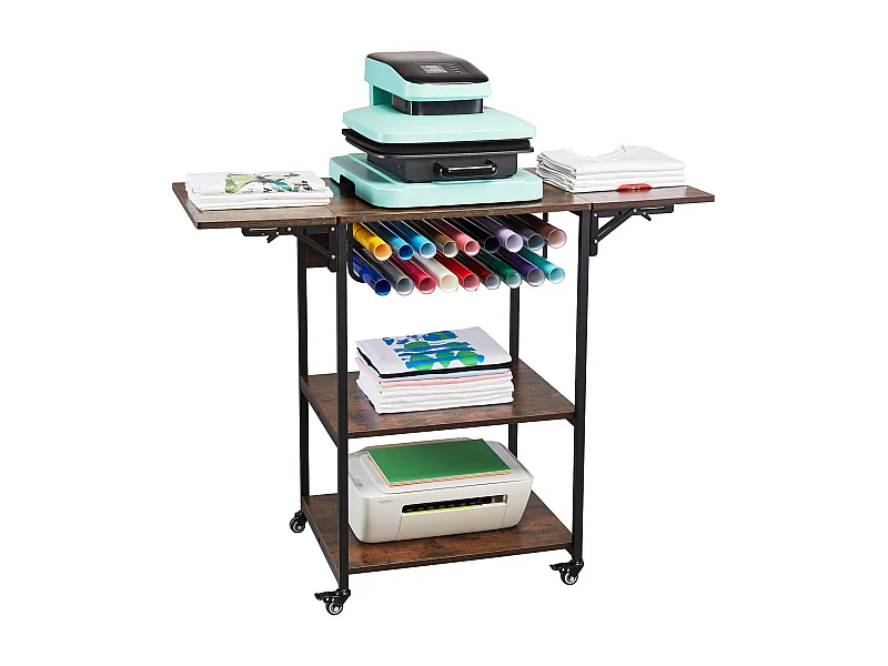 Table de Presse à Chaud SucceBuy Table de Presse à Chaud Mobile à 3 Niveaux Pliable Avec Roulettes, Marron