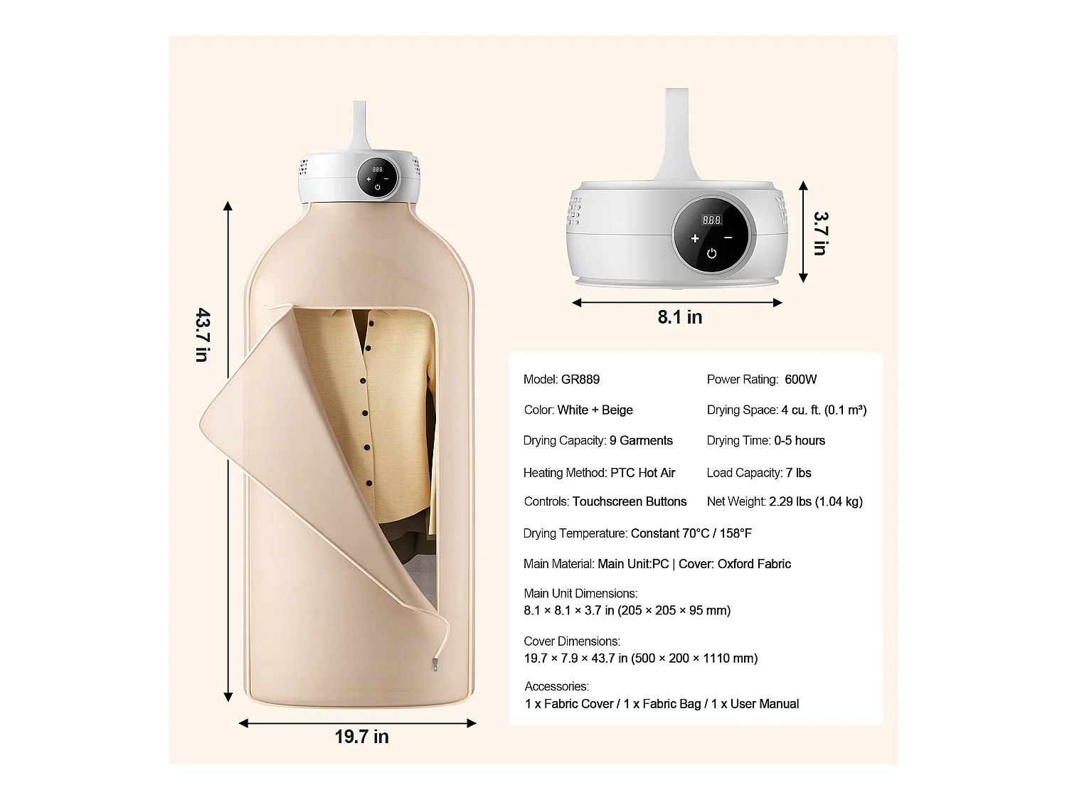 Sèche-Linge SucceBuy Sèche-Linge Portable 600 W Chauffage PTC et Écran LED avec Sac de Séchage, Pliable avec Minuterie de 5 Heures pour Appartement, Dortoir