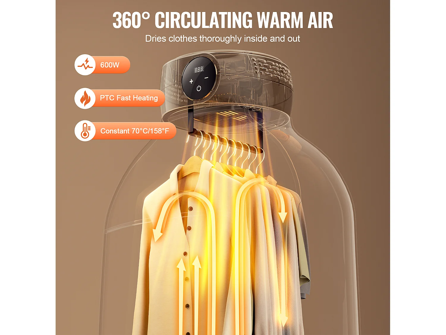 Sèche-Linge SucceBuy Sèche-Linge Portable 600 W Chauffage PTC et Écran LED avec Sac de Séchage, Pliable avec Minuterie de 5 Heures pour Appartement, Dortoir