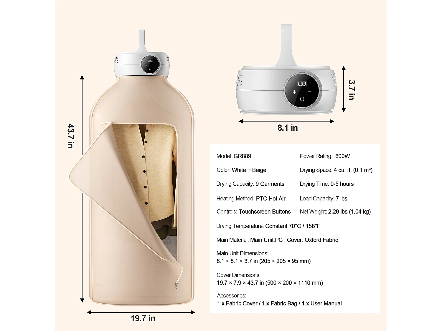 Asciugatrice SucceBuy Asciugatrice Portatile da 600 W con Riscaldatore PTC e Display a LED con Borsa per l'Asciugatura, Pieghevole con Timer da 5 Ore