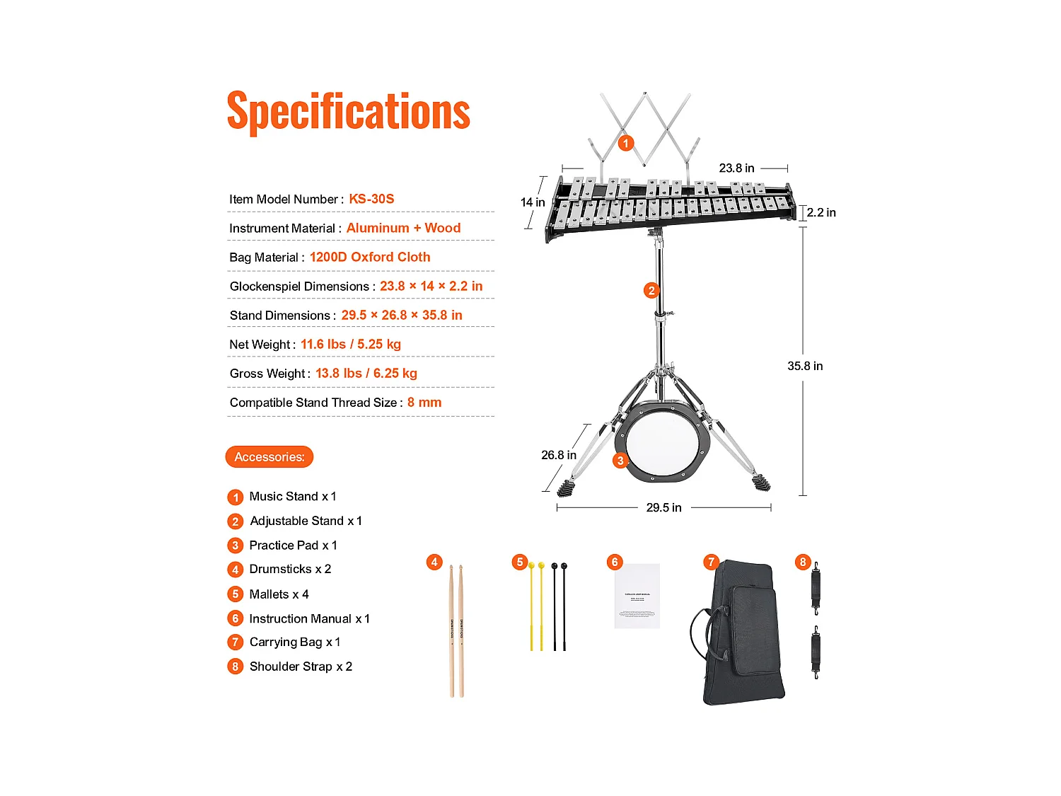 Xilofono Glockenspiel SucceBuy con 30 Toni, Mazze, Supporto e Pad di Allenamento, Set Versatile per Adulti e Studenti