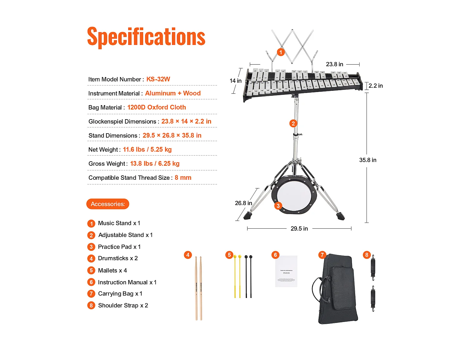 Xylophone Glockenspiel SucceBuy avec 32 Tons, Maillets, Support et Pad d'Entraînement, Ensemble Polyvalent pour Adultes et Étudiants