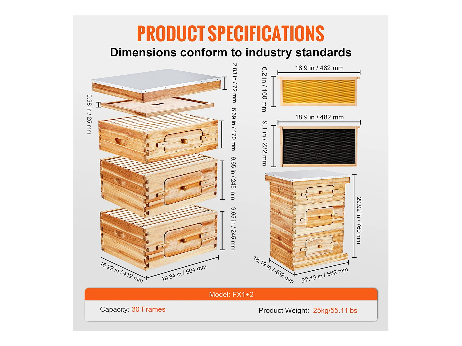 Kit de Ruche d'Abeilles SucceBuy Langstroth 20 Cadres Profonds et 10 Cadres Moyens avec Fenêtres en Acrylique