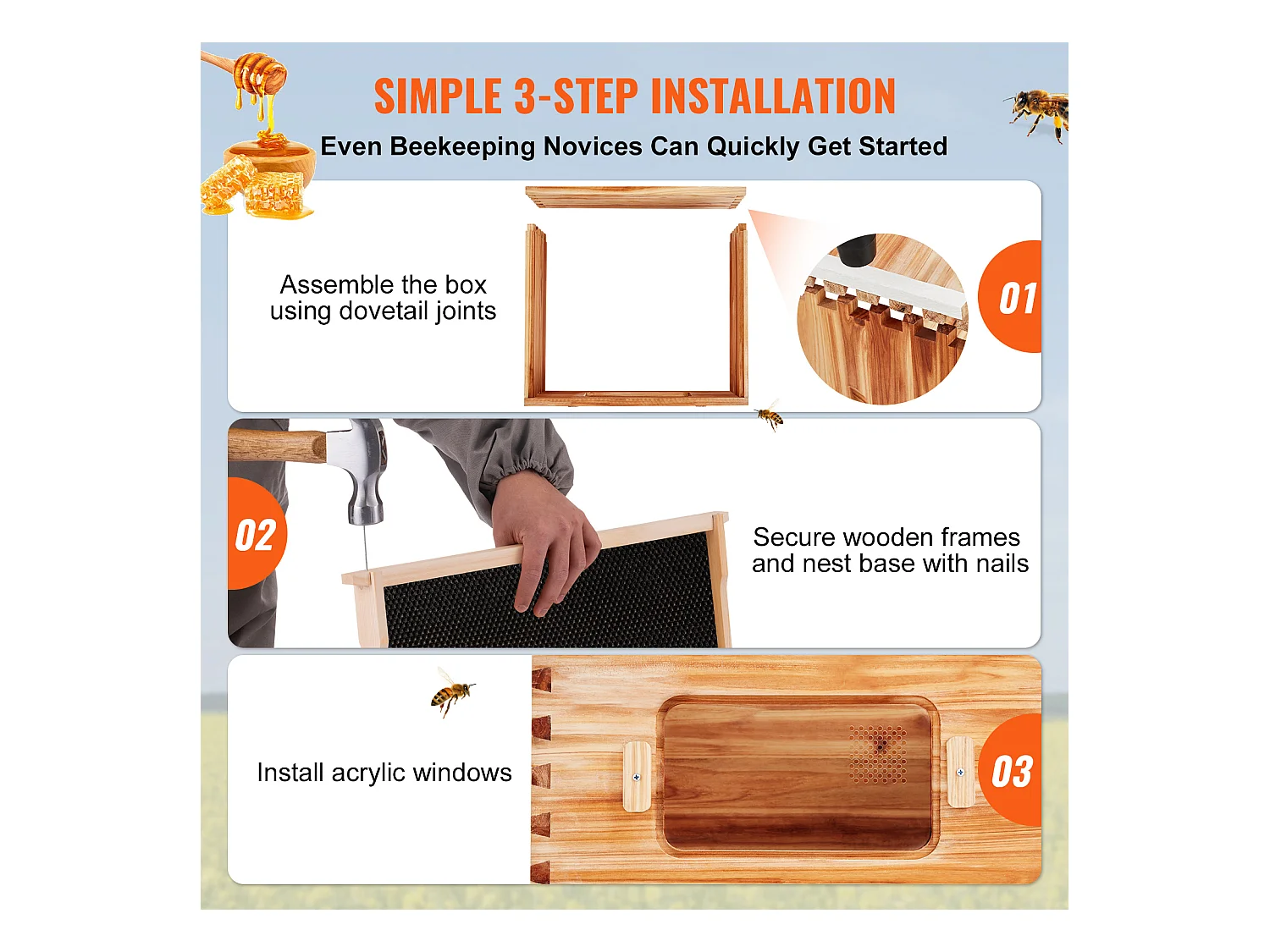 Kit de Ruche d'Abeilles SucceBuy Langstroth 20 Cadres Profonds et 10 Cadres Moyens avec Fenêtres en Acrylique