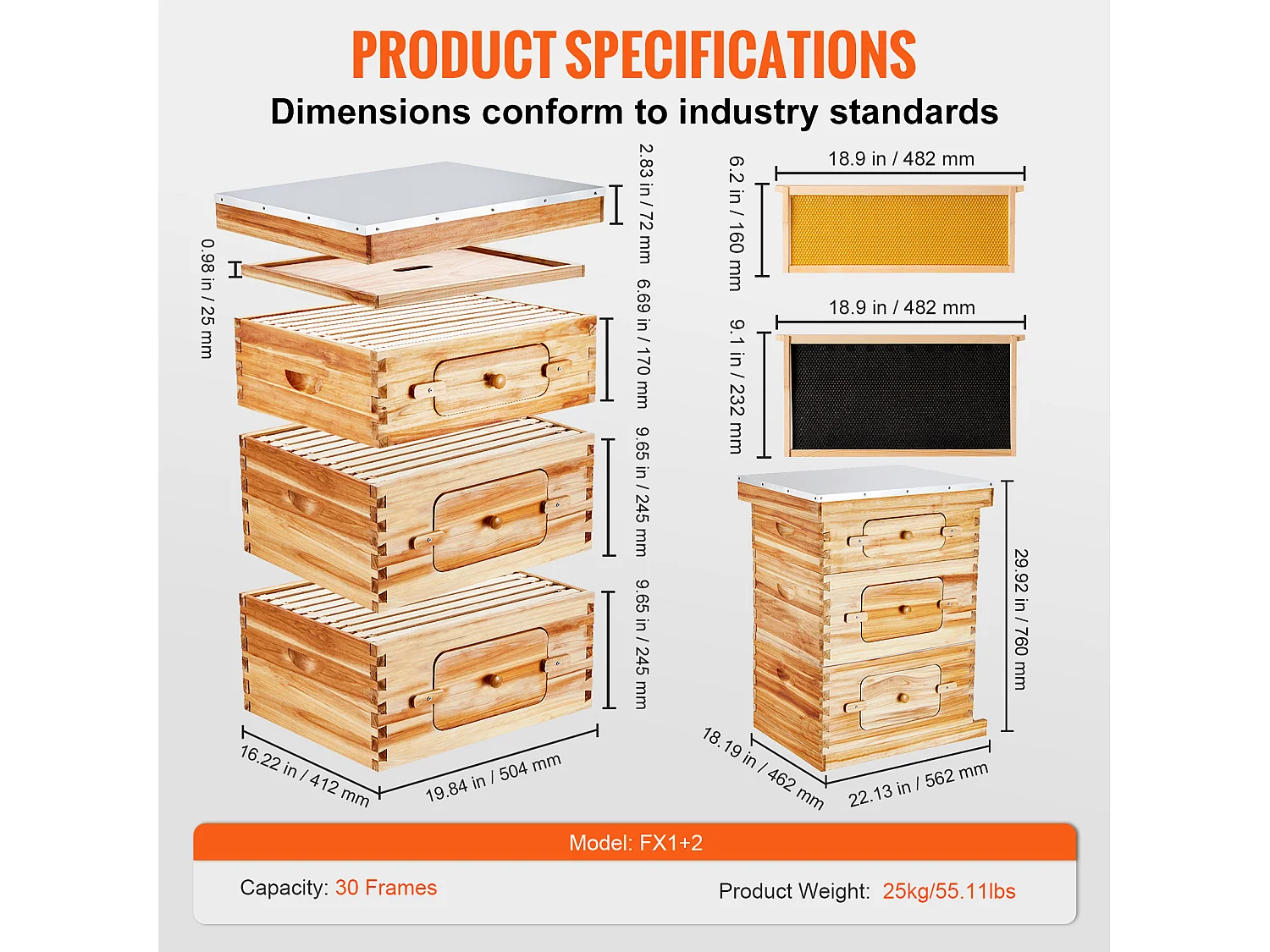 Kit de Ruche d'Abeilles SucceBuy Langstroth 20 Cadres Profonds et 10 Cadres Moyens avec Fenêtres en Acrylique