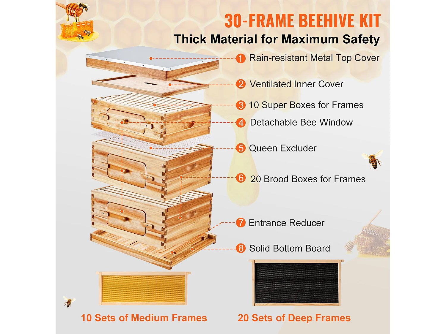Kit de Ruche d'Abeilles SucceBuy Langstroth 20 Cadres Profonds et 10 Cadres Moyens avec Fenêtres en Acrylique