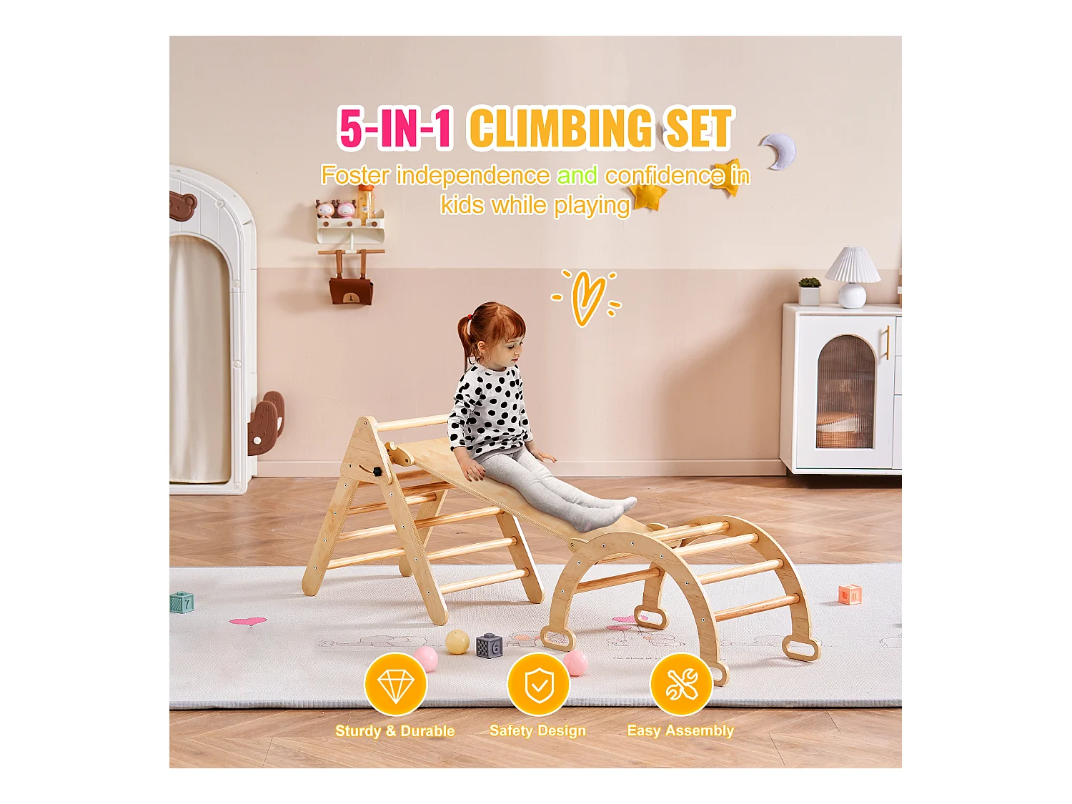 Ensemble de Triangles Pikler SucceBuy, 5 en 1, Kouets d'Escalade Montessori pour Tout-Petits de 1 à 3 Ans, Bois