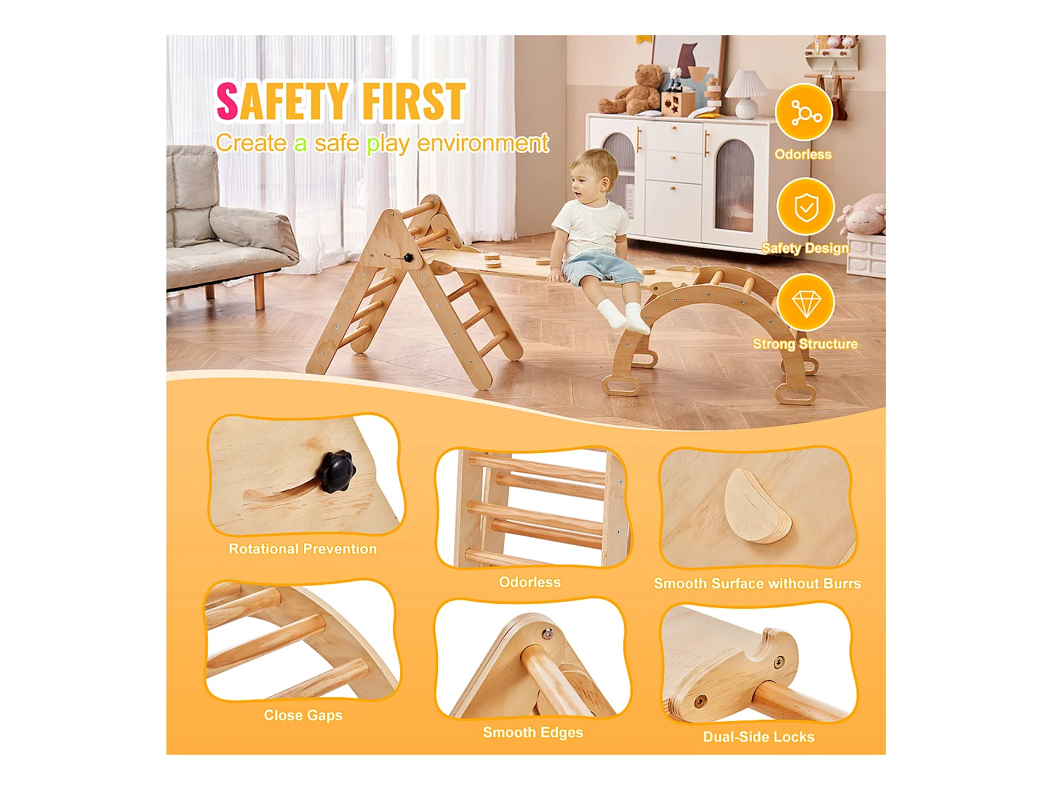 Ensemble de Triangles Pikler SucceBuy, 5 en 1, Kouets d'Escalade Montessori pour Tout-Petits de 1 à 3 Ans, Bois