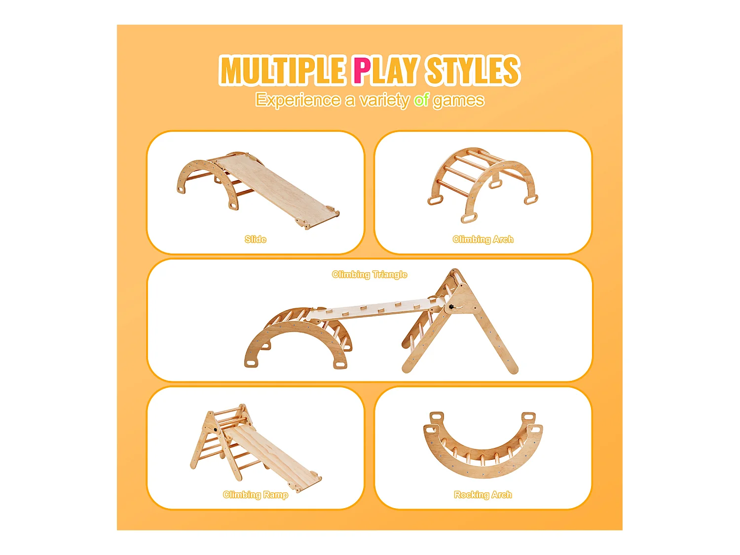 Ensemble de Triangles Pikler SucceBuy, 5 en 1, Kouets d'Escalade Montessori pour Tout-Petits de 1 à 3 Ans, Bois