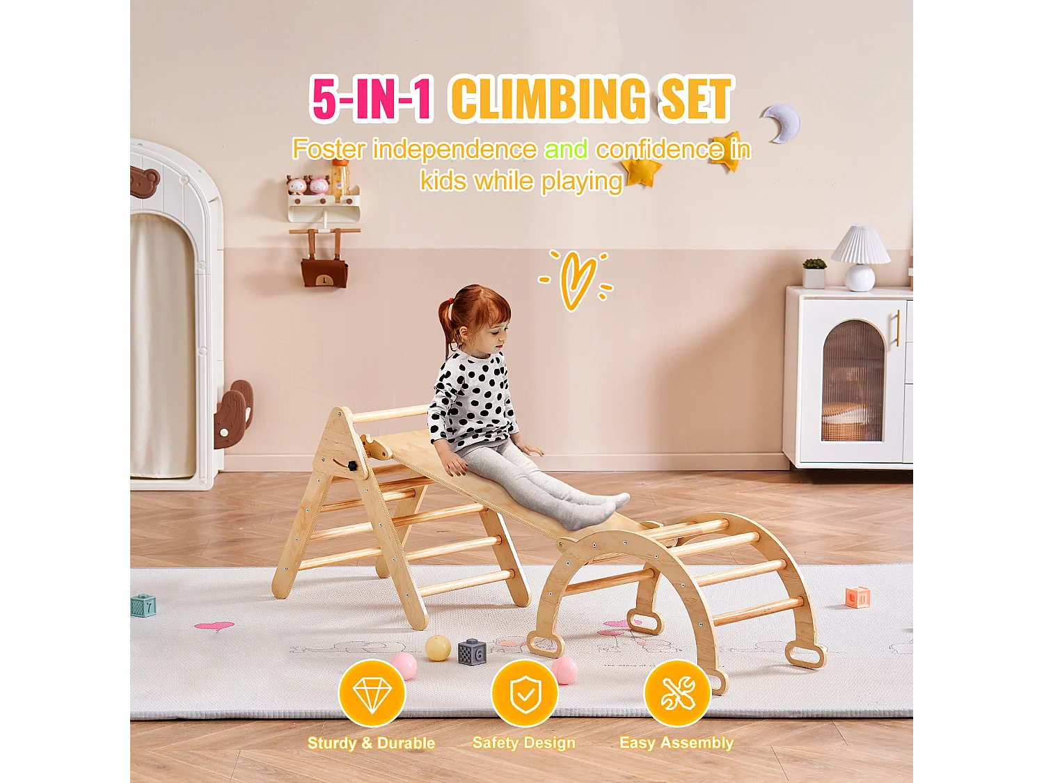 Ensemble de Triangles Pikler SucceBuy, 5 en 1, Kouets d'Escalade Montessori pour Tout-Petits de 1 à 3 Ans, Bois