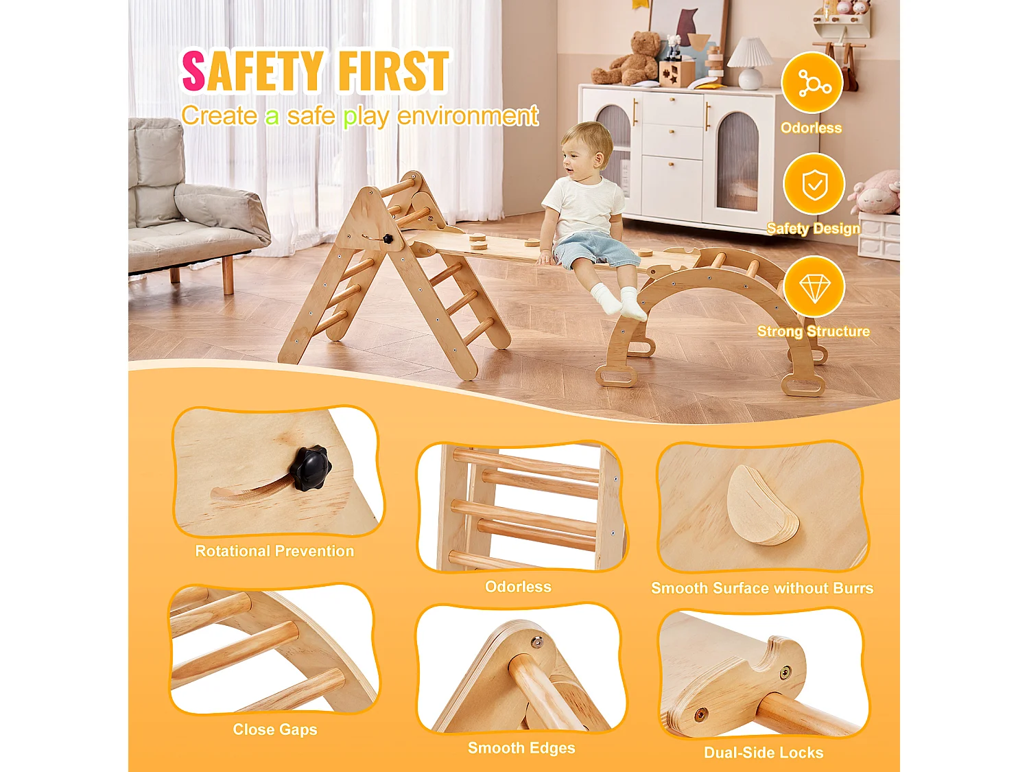 Ensemble de Triangles Pikler SucceBuy, 5 en 1, Kouets d'Escalade Montessori pour Tout-Petits de 1 à 3 Ans, Bois