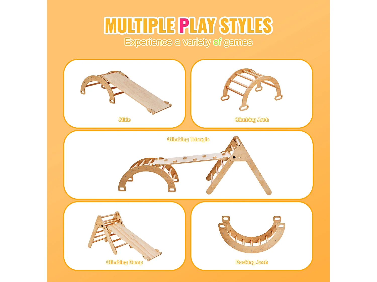 Ensemble de Triangles Pikler SucceBuy, 5 en 1, Kouets d'Escalade Montessori pour Tout-Petits de 1 à 3 Ans, Bois