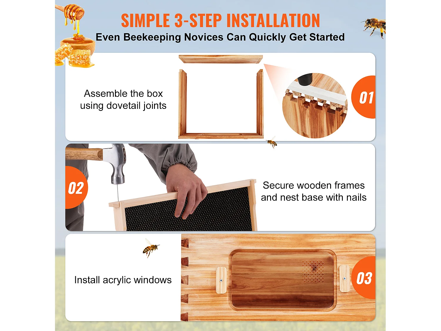 Kit de Ruche à Abeilles SucceBuy avec 10 Cadres et Fenêtres en Acrylique pour Abeilles, 100 % Bois de Cèdre Naturel Recouvert de Cire d'abeille