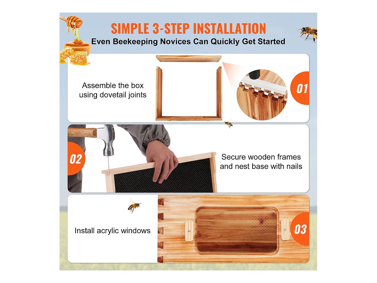 Kit van Bijenkorf SucceBuy met 10 Kaders en Acrylvensters voor Bijen, 100 % Natuurlijke Cederhout Bedekt met Bijenwas