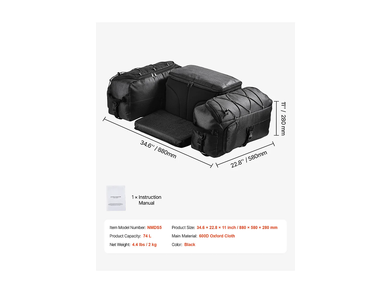 Opbergtas aan de Achterkant SucceBuy 74 L ATV-Bagagedragertas van 600D Oxford-Stof met Vulling