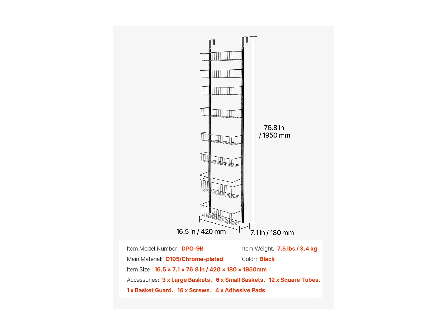 Organizador de Despensa SucceBuy, con Estantes Colgantes de 9 Niveles, Negro, para Cocina, Despensa, Salón