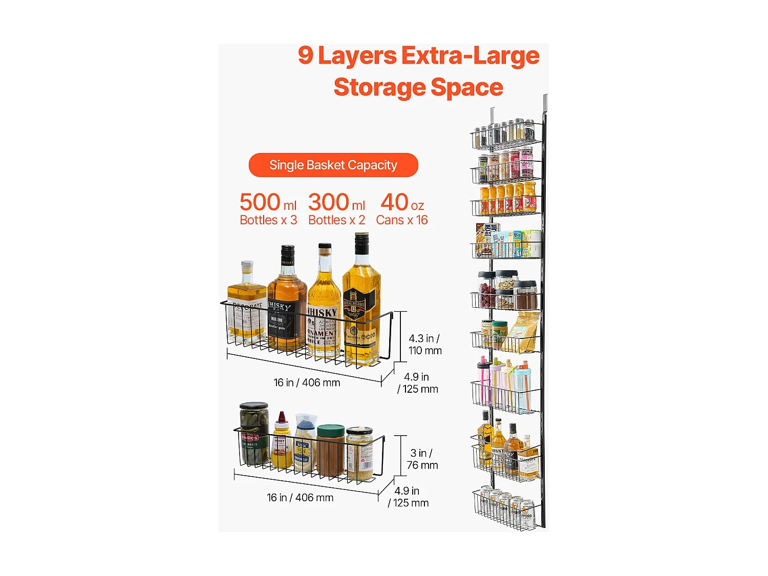 Organizador de Despensa SucceBuy, con Estantes Colgantes de 9 Niveles, Negro, para Cocina, Despensa, Salón