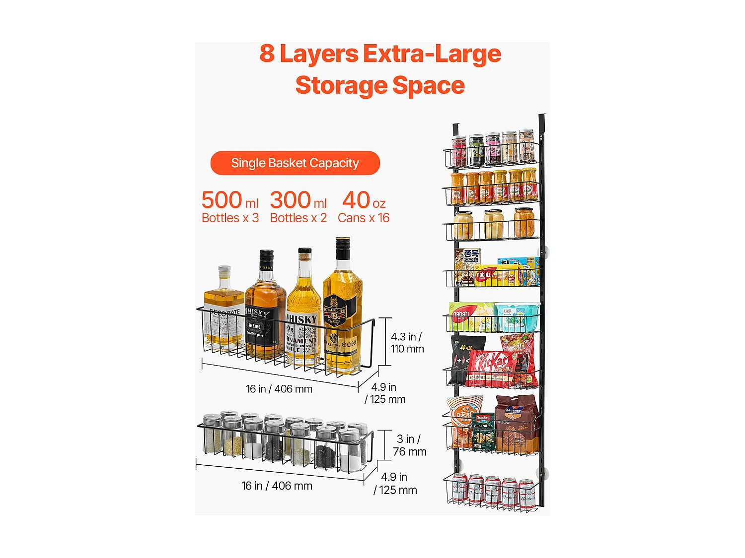 Organizador de Despensa SucceBuy, con Estantes Colgantes de 8 Niveles, Negro, para Cocina, Despensa, Salón