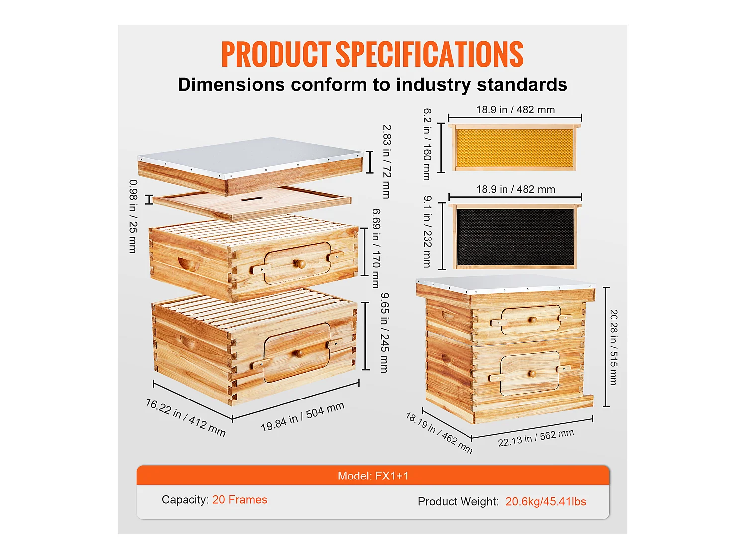 Ruche à Abeilles SucceBuy Langstroth Kit 10 Cadres Profonds et 10 Cadres Moyens Fenêtres en Acrylique