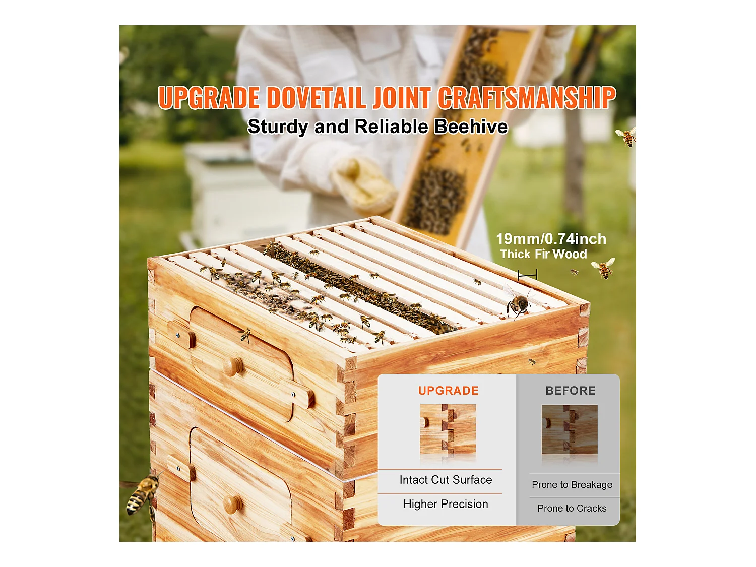 Ruche à Abeilles SucceBuy Langstroth Kit 10 Cadres Profonds et 10 Cadres Moyens Fenêtres en Acrylique