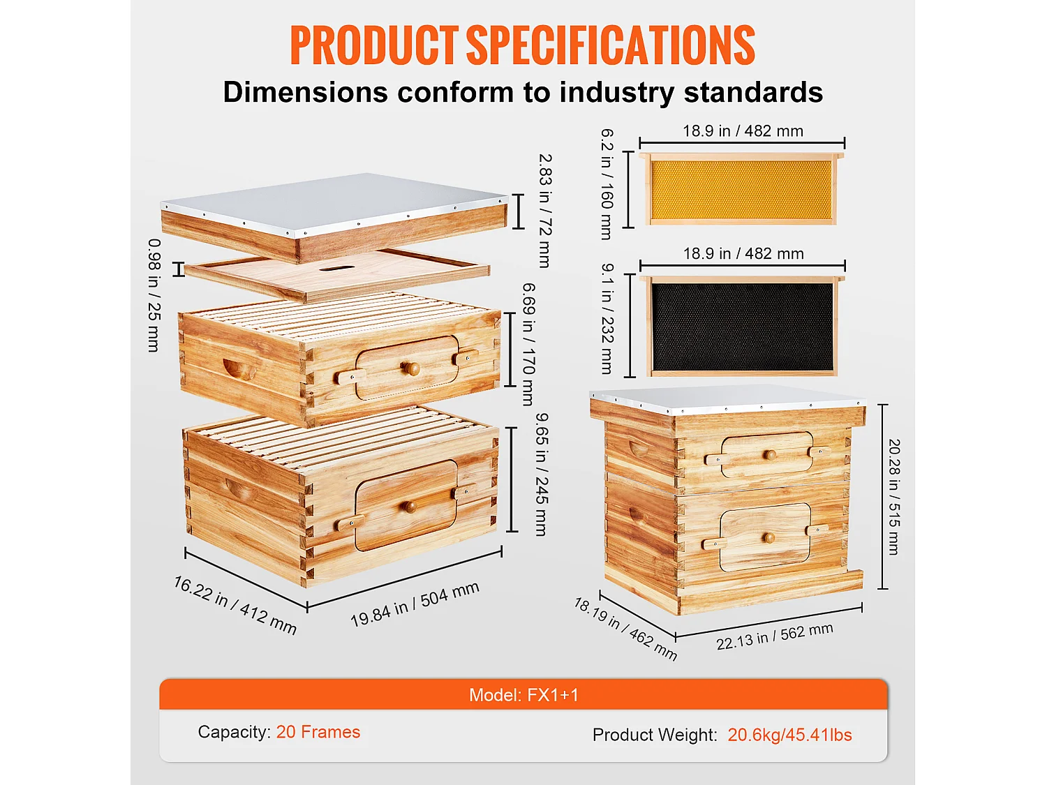 Ruche à Abeilles SucceBuy Langstroth Kit 10 Cadres Profonds et 10 Cadres Moyens Fenêtres en Acrylique