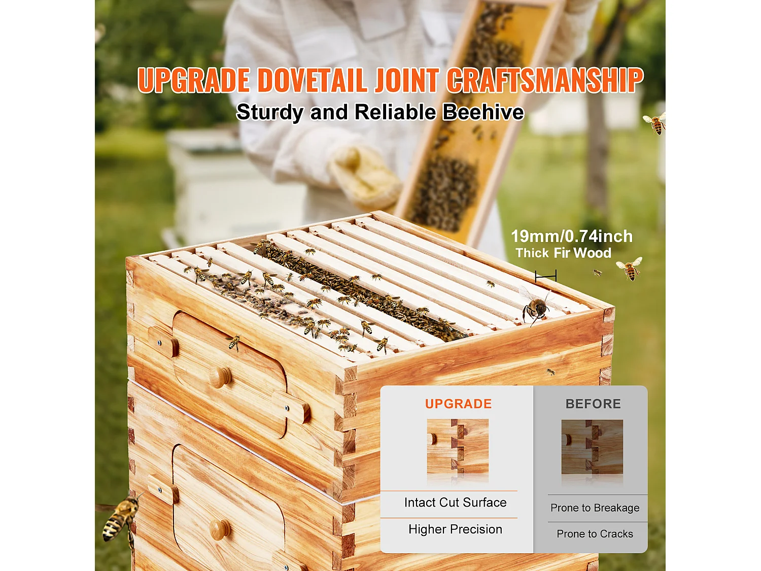 Ruche à Abeilles SucceBuy Langstroth Kit 10 Cadres Profonds et 10 Cadres Moyens Fenêtres en Acrylique