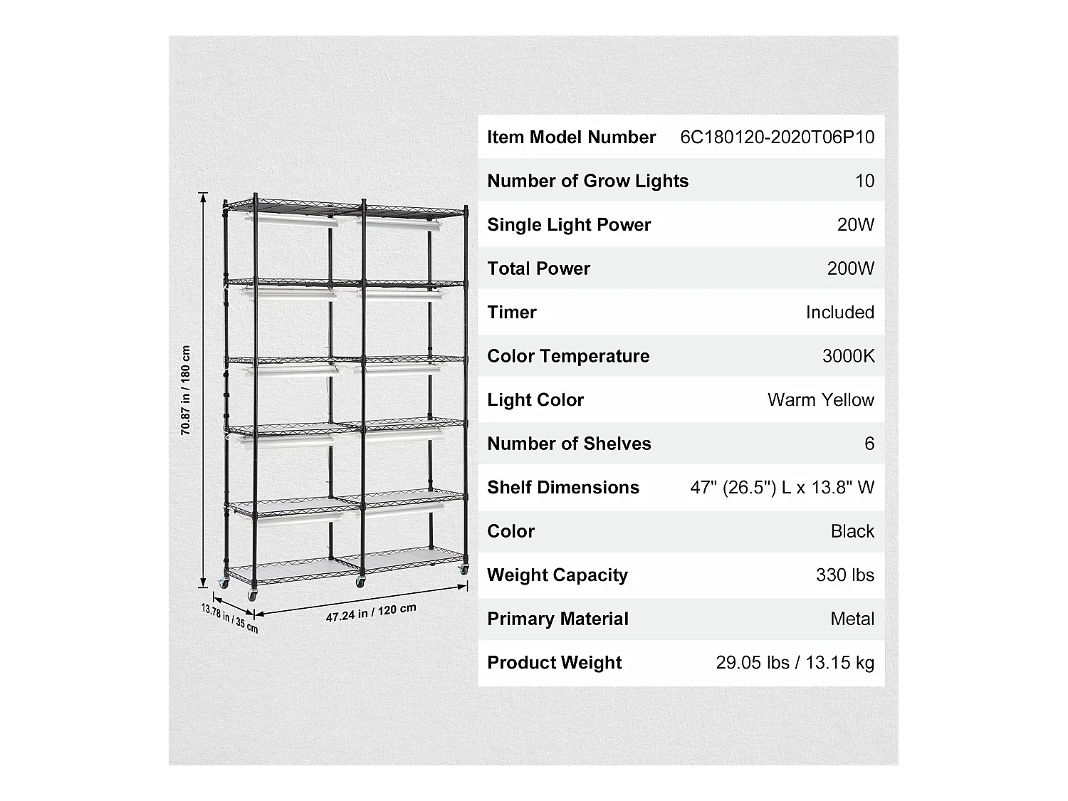 Support pour Plantes SucceBuy avec Lampe de Croissance, 6 Niveaux, 200 W, Étagère Intérieure de 150 cm