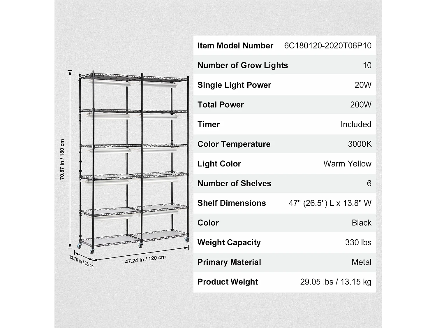 Support pour Plantes SucceBuy avec Lampe de Croissance, 6 Niveaux, 200 W, Étagère Intérieure de 150 cm